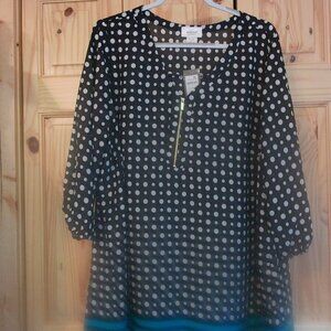 NWTS Avenue Studio Polka Dot Blouse – Black with Teal Border Trim SZ 22/24